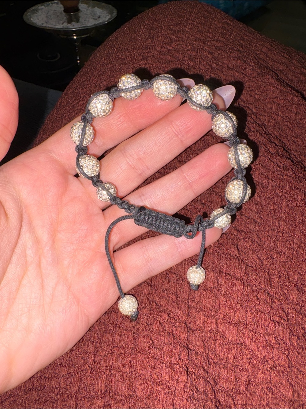25-Crystal Pave Beaded Adjustable Bracelet - Black Cord, Champagne Crystals